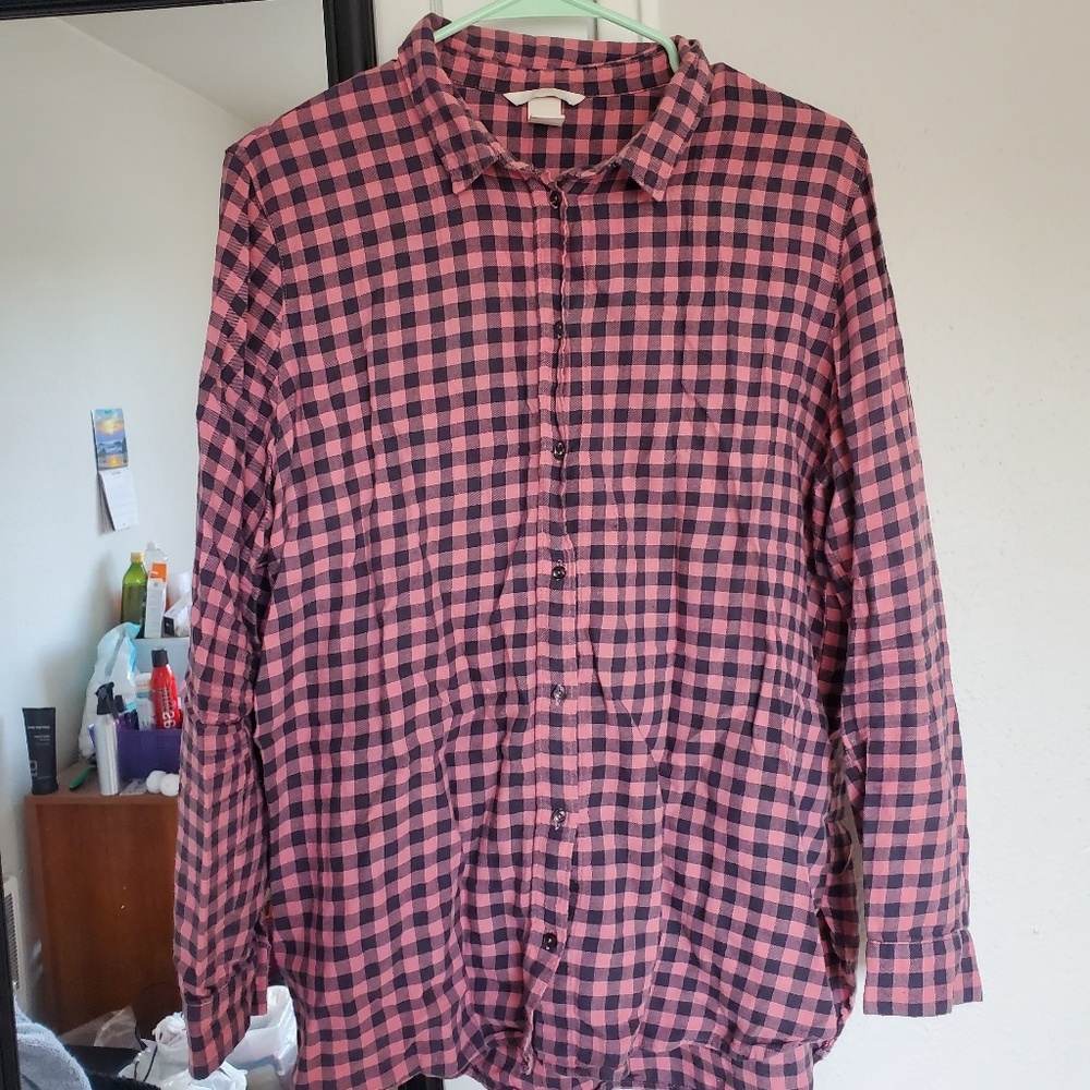 H&M coral navy plaid Flannel shirt size 14 womens